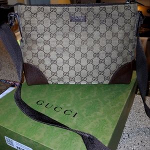 Auth Gucci Monogram Unisex Khaki GG Canvas Messenger Bag